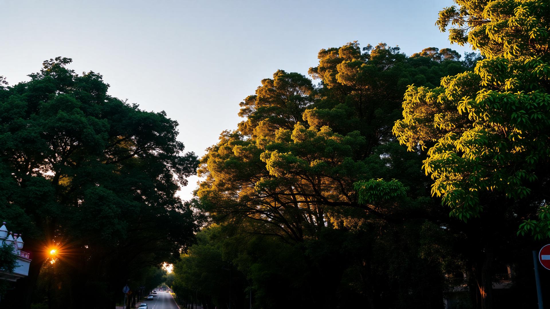 Rua arborizada em Alto de Pinheiros ao entardecer